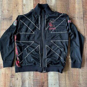 Coogi Mens Union Jack Black Zip Jacket Red Plaid Accents & Embroidery Size XXL